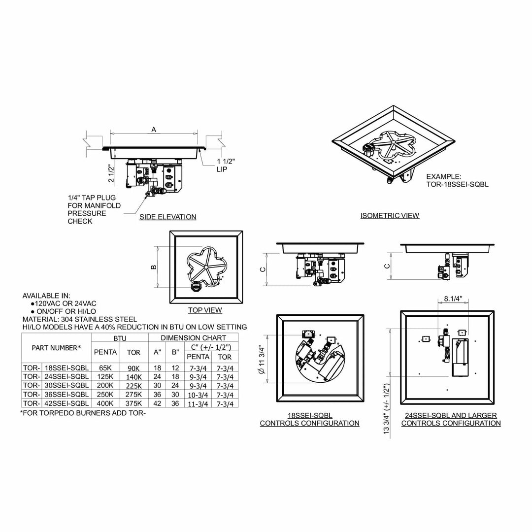 Technical specification sheet for HPC Fire Square Drop-In Penta Burner with On/Off electronic ignition system. Includes side elevation, top view, and isometric illustrations along with detailed BTU ratings and dimension charts for various burner sizes, ideal for installers and contractors seeking precision.