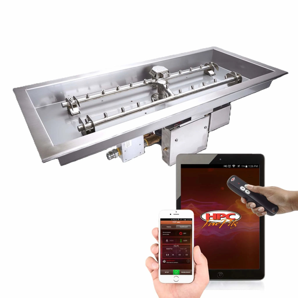 HPC Fire Inspired certified rectangular drop-in torpedo H-style burner shown with Bluetooth remote, smartphone, and tablet control options, highlighting advanced Hi/Lo flame adjustment and smart home compatibility for convenient outdoor fire pit operation.