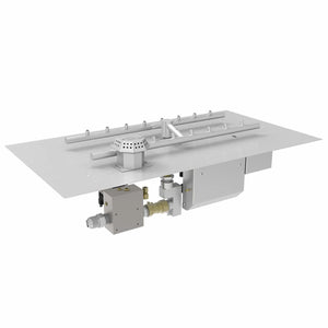 HPC Fire Inspired rectangular flat torpedo H-style burner shown in stainless steel with integrated on/off electronic ignition system, designed for custom-built fire pits and outdoor installations.