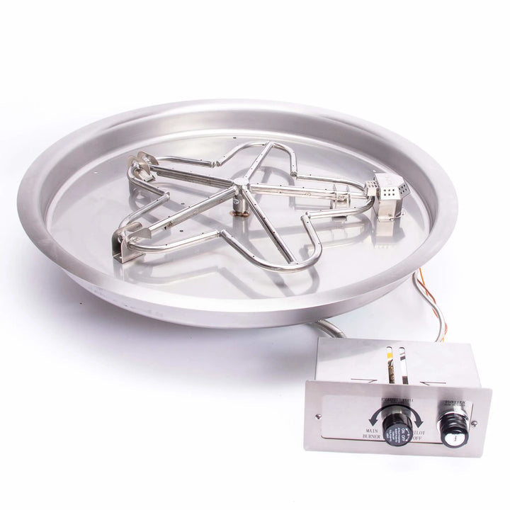 Round stainless steel drop-in fire pit pan featuring an HPC Penta burner with integrated push-button ignition and flame-sensing technology. Designed for easy installation and reliable performance in outdoor gas fire pits.