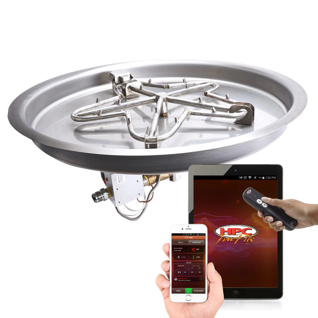 High-performance HPC Fire certified Torpedo Penta burner kit with round drop-in pan, shown with Hi/Lo electronic ignition system and remote control capabilities via smartphone, tablet, or handheld remote / perfect for smart, reliable fire pit installations.