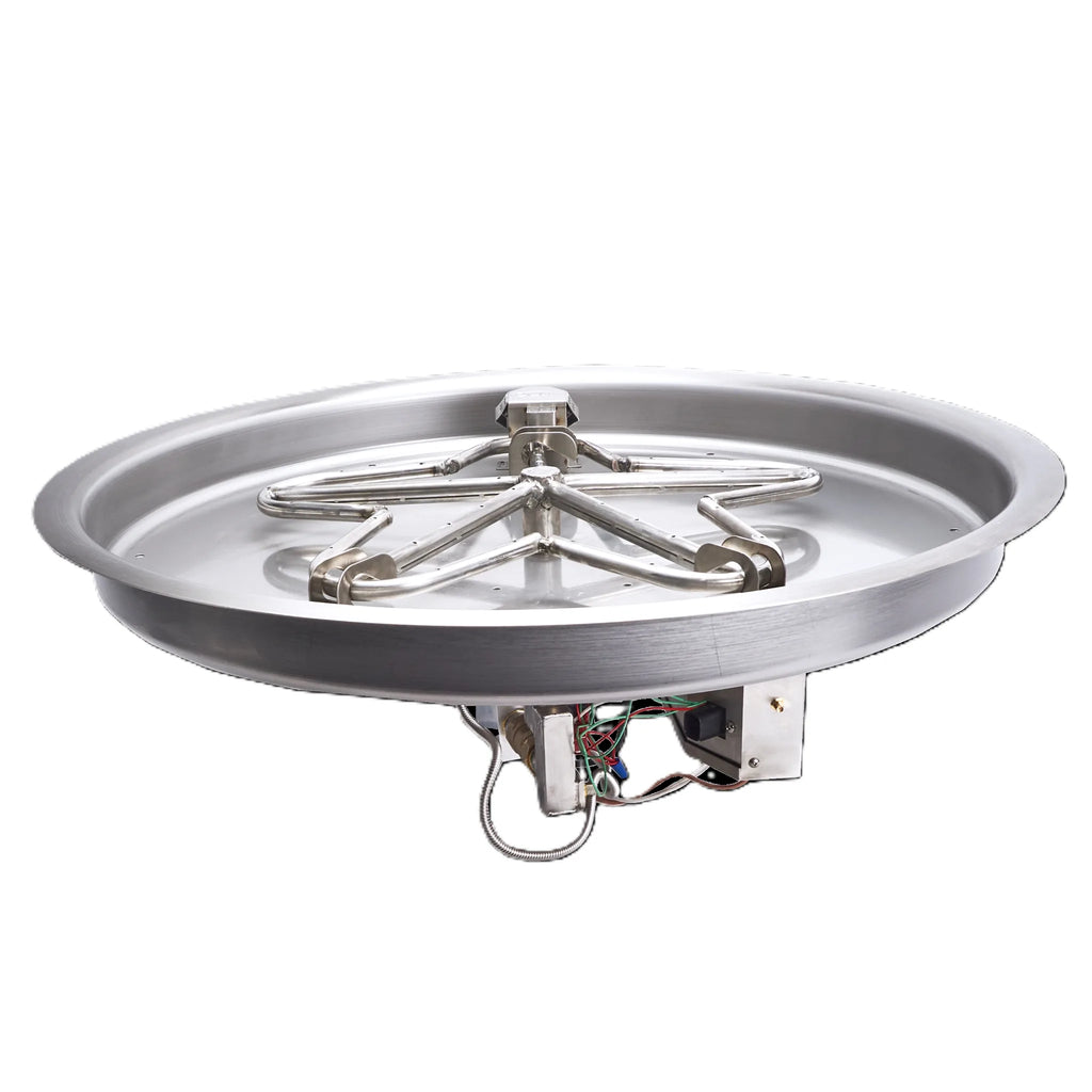 Stainless steel HPC Fire round drop-in burner with penta-shaped burner ring and electronic ignition wiring, designed for certified on/off and hi/lo flame control / ideal for custom fire pit installations requiring reliable performance and clean aesthetics.
