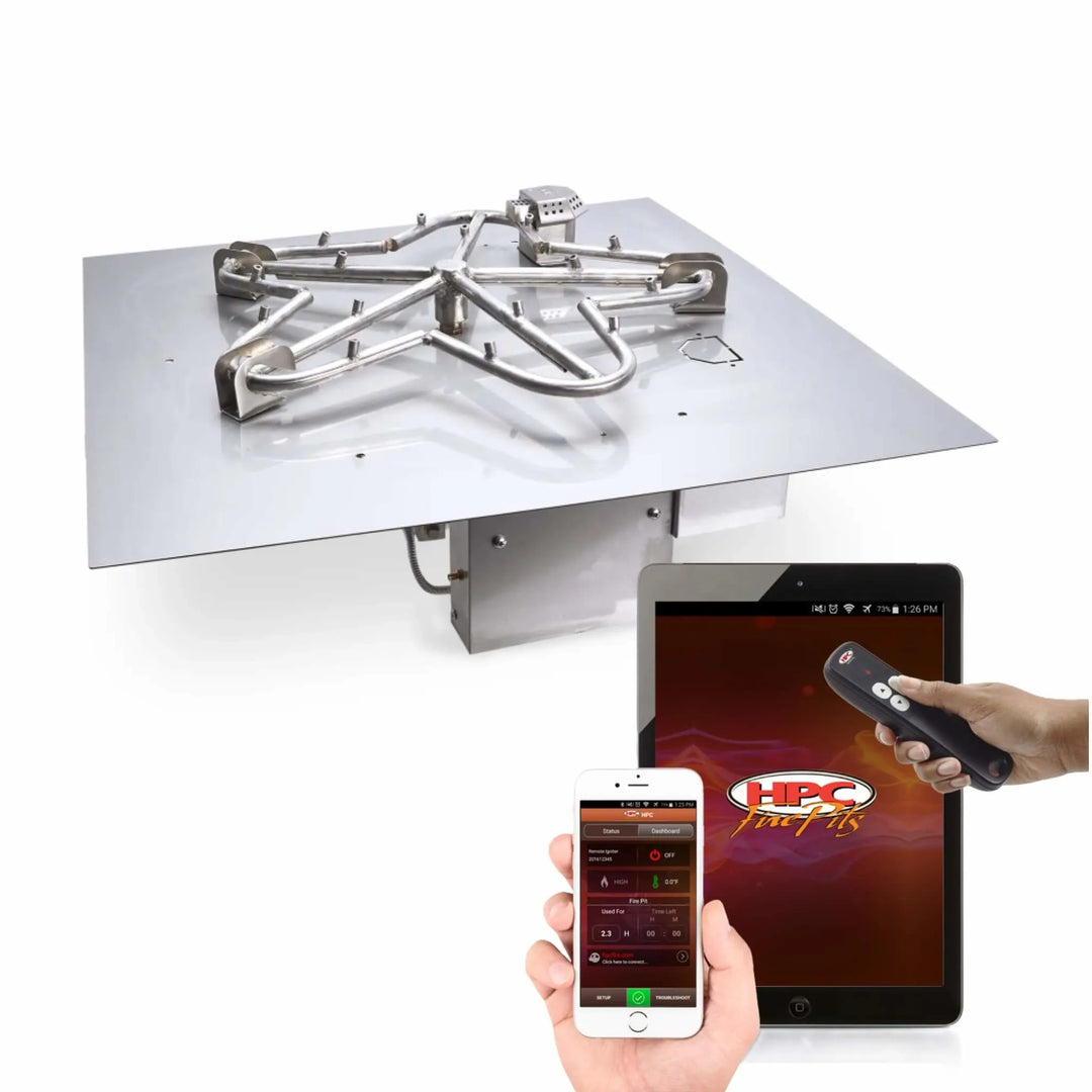 HPC Fire square flat Torpedo Penta burner kit with Hi/Lo electronic ignition, shown with advanced control options including remote, tablet, and smartphone app integration / offering premium convenience, safety, and smart flame control for modern outdoor fire pit systems.