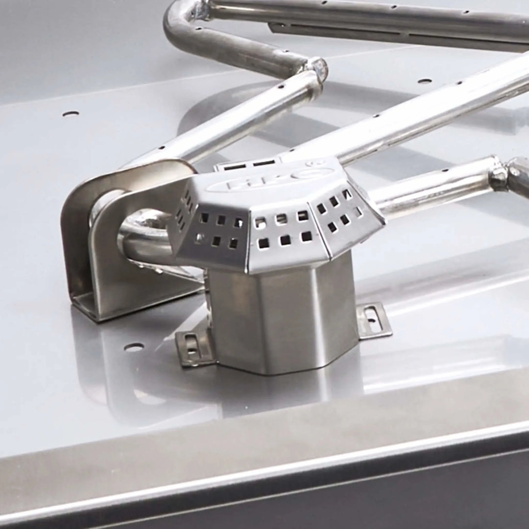 Close-up of the HPC Fire blow-out box integrated into the On/Off Square Drop-In Penta Burner, highlighting safety features that prevent flame-out in windy or variable outdoor conditions. Durable, weather-resistant, and ideal for exposed patio installations.