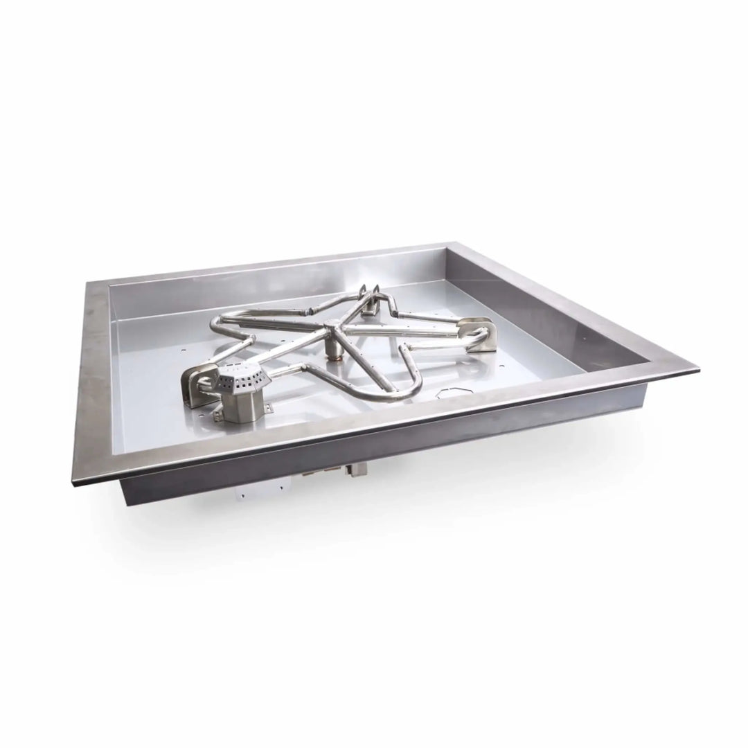 Stainless steel HPC Square Drop-In Penta Burner featuring On/Off electronic ignition and a recessed pan design—perfect for custom gas fire pit builds. Shown in a clean white background for a clear view of its premium construction and sleek square edge.