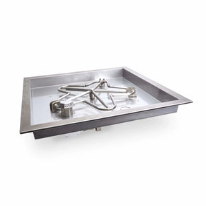 Stainless steel HPC Square Drop-In Penta Burner featuring On/Off electronic ignition and a recessed pan design—perfect for custom gas fire pit builds. Shown in a clean white background for a clear view of its premium construction and sleek square edge.