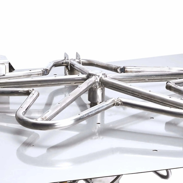 Close-up view of the precision-welded Penta-shaped stainless steel burner by HPC Fire, showcasing the clean craftsmanship and flame port details that provide a tall, natural-looking flame pattern.