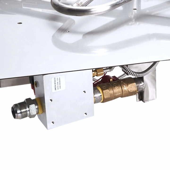 Zoomed-in view of the control valve assembly for the HPC Fire On/Off Flat Penta Burner. Includes brass fittings and electronic ignition components / designed for safety, durability, and ease of installation in modern fire pits.