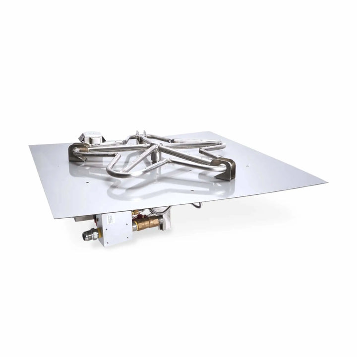 HPC Fire Certified On/Off Square Flat Penta Burner shown with stainless steel burner and ignition components mounted on a sleek flat square pan. This CSA-certified burner offers a clean, professional look for custom fire pit builds.