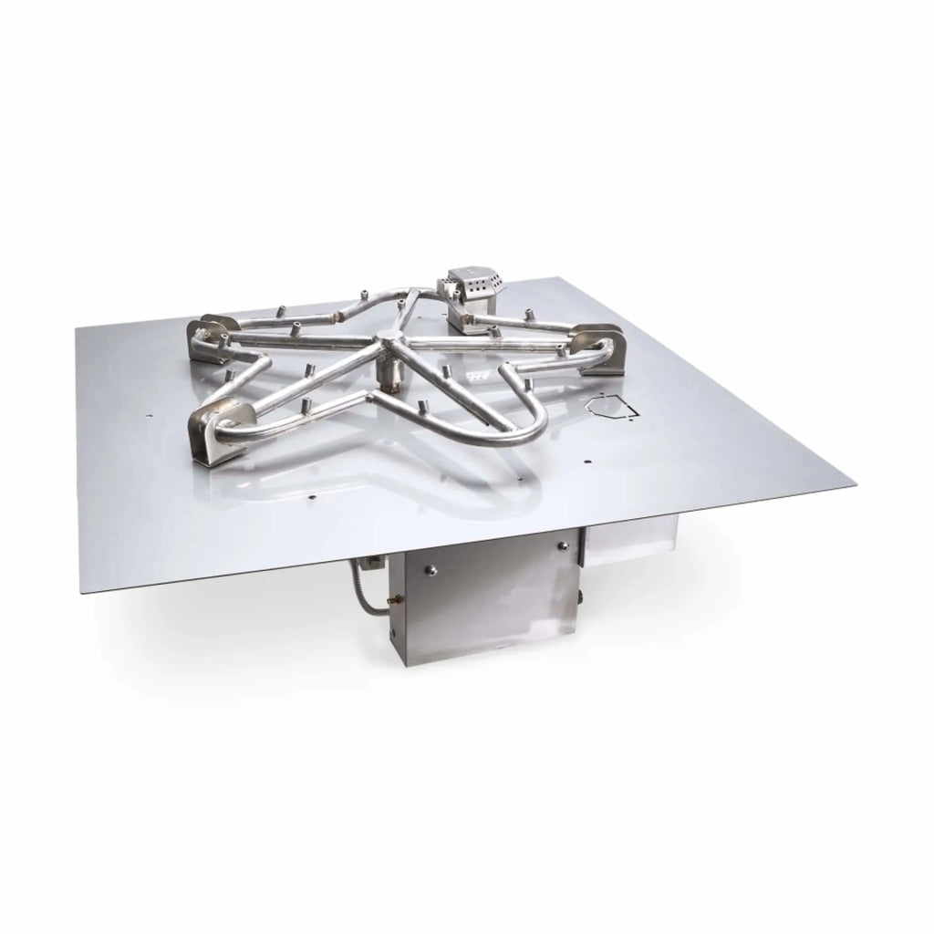 Stainless steel HPC Fire On/Off certified square flat Torpedo Penta burner system with a precision-welded 5-spoke design mounted to a square drop-in pan / engineered for commercial-grade outdoor fire pit installations.