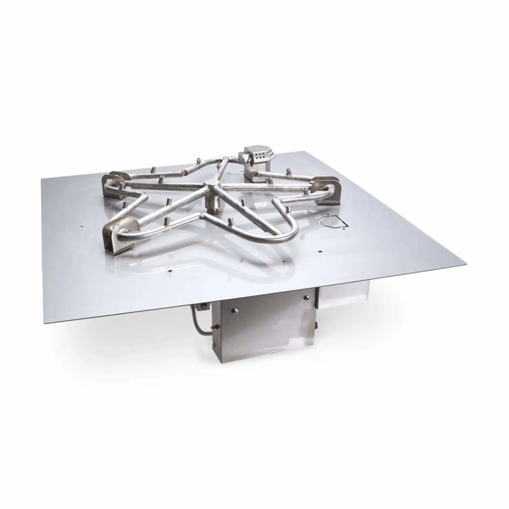 Stainless steel HPC Fire On/Off certified square flat Torpedo Penta burner system with a precision-welded 5-spoke design mounted to a square drop-in pan / engineered for commercial-grade outdoor fire pit installations.