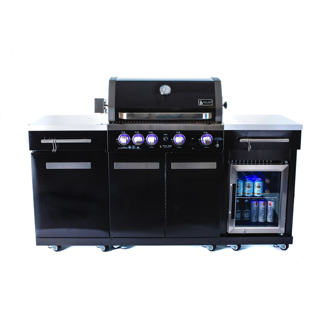 Compact - Integrated Drinks Refrigerator, Rear Burner, and Rotisserie Kit Black Stainless Steel Propane Gas BBQ Island Grill - MA-957FC by Mont Alpi