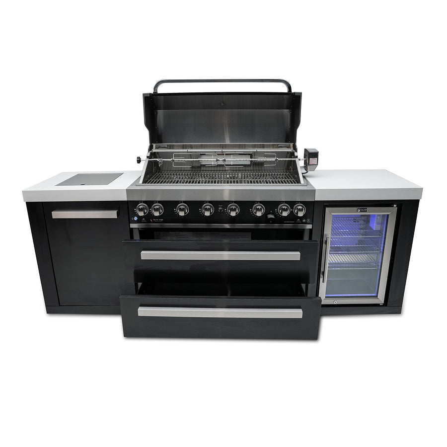 Deluxe 6-Burner with Refrigerator, Side Burner, and Rotisserie Kit Black Stainless Steel Propane Gas BBQ Island Grill - MAi805-BSSFC by Mont Alpi