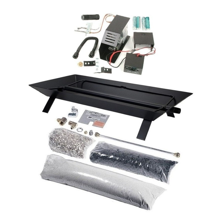 Rasmussen Black Custom Pan Fireplace Burner Kit with Remote-Ready Safety Control – A complete vented gas burner system featuring a sleek black pan, remote-ready safety pilot system, gas fittings, white sand, black volcanic ash, and decorative fire media. Designed for use with fireballs, fireglass, or firestones to create a modern and efficient fire feature.