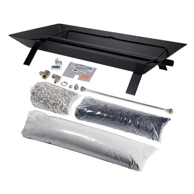 Rasmussen Gas Logs Custom Pan Fireplace Burner Kit displayed on a white background, featuring a black rectangular burner pan with built-in legs and a full set of included accessories—bags of decorative fireglass, lava rock, and sand, along with fittings, gas connections, and installation components—perfect for customizing your fireplace with fireballs, fireglass, or firestones for a modern, stylish fire feature.