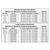 Rasmussen Gas Logs Custom Pan Match Lit Fireplace Burner clearance chart displaying minimum footprint dimensions and BTU/hr outputs for both standard and large burner sizes. Table includes set sizes, item numbers, NG/LP BTUs, and firebox clearance requirements for front, rear, and depth. Ideal for planning custom gas fireplace installations with precision.