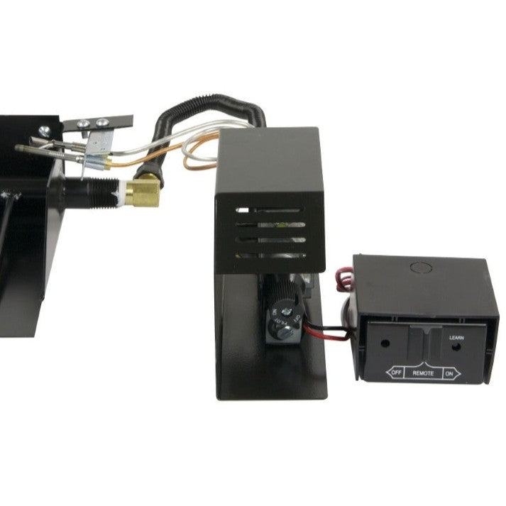 Rasmussen Gas Logs Vented Remote-Ready Safety Control Installed – A high-quality remote-ready safety pilot system securely connected to a gas burner for vented fireplaces. Featuring a control module, thermocouple, and ignition system, this setup provides reliable and convenient remote operation for gas log fireplaces.