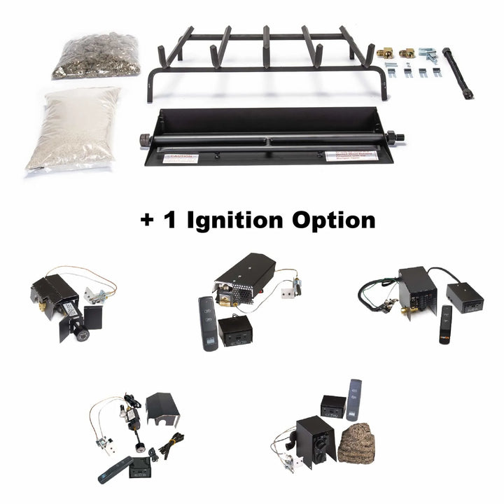 Full Real Fyre G45 burner kit shown with optional ignition systems below, including APK-02, APK-11, APK-15, and APK-17, all featuring remote control and electronic ignition components.