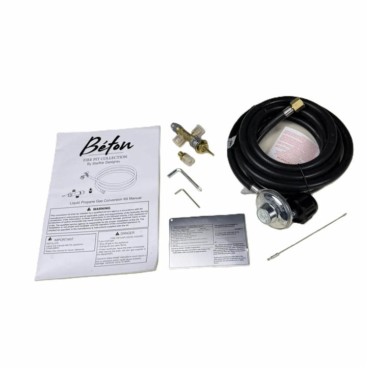Complete Béton Fire Pit Natural Gas to Propane Conversion Kit by Starfire Designs featuring regulator hose, brass fittings, tools, and instruction manual.