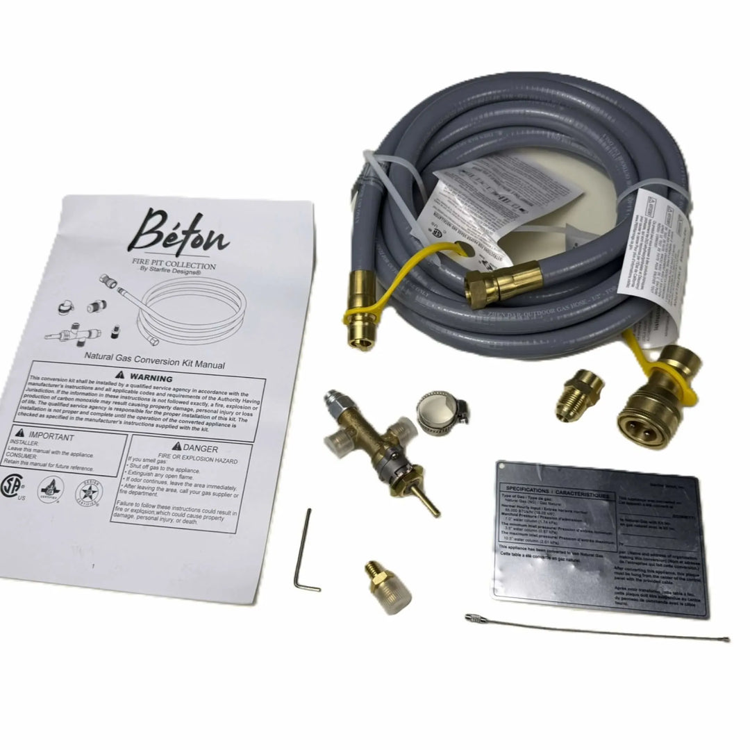 Complete Starfire Designs Béton Fire Pit Propane to Natural Gas Conversion Kit, including flexible gas hose, brass fittings, tools, instruction manual, and safety label.