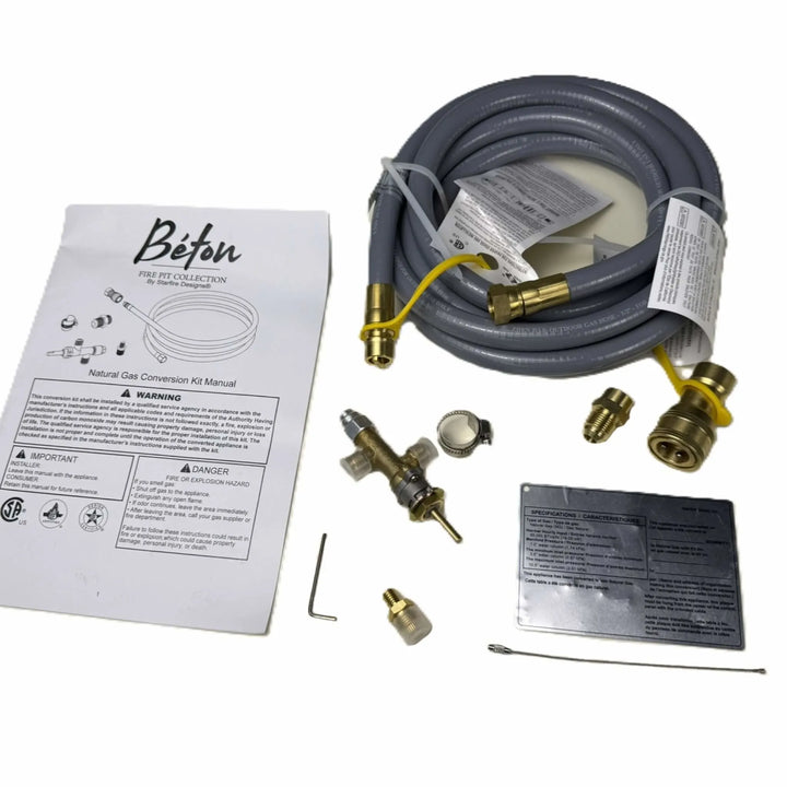 Complete Starfire Designs Béton Fire Pit Propane to Natural Gas Conversion Kit, including flexible gas hose, brass fittings, tools, instruction manual, and safety label.
