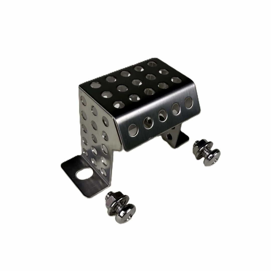 Side view of the Starfire Designs Béton Fire Pit Replacement Ignition Shield, showing stainless steel construction with ventilation holes and mounting screws.