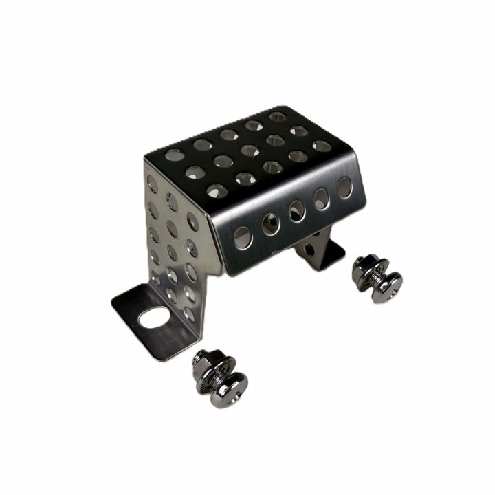 Side view of the Starfire Designs Béton Fire Pit Replacement Ignition Shield, showing stainless steel construction with ventilation holes and mounting screws.