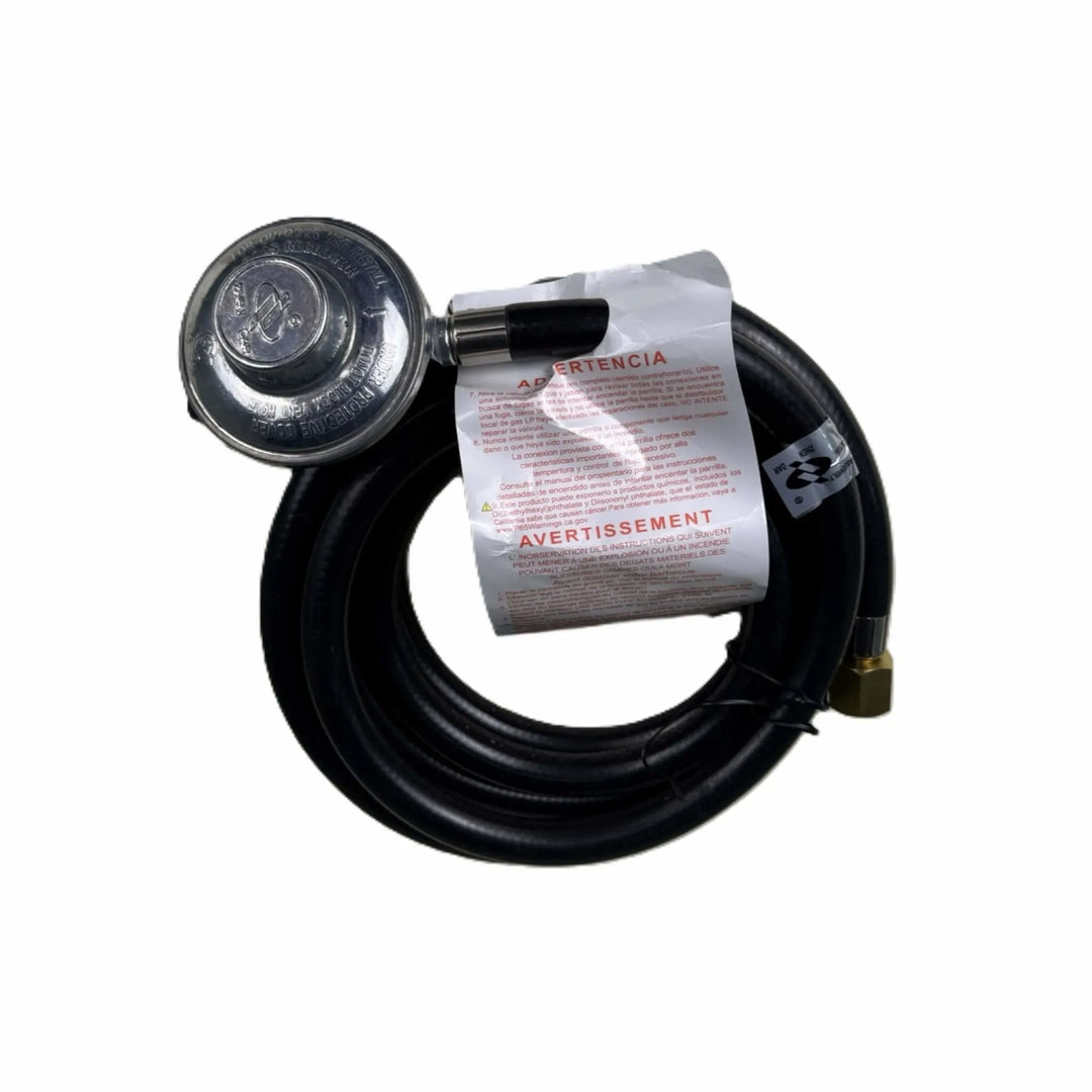Starfire Designs Béton Fire Pit Replacement Regulator Hose shown coiled with attached propane tank connector and safety tag, designed for 10-foot propane setups.