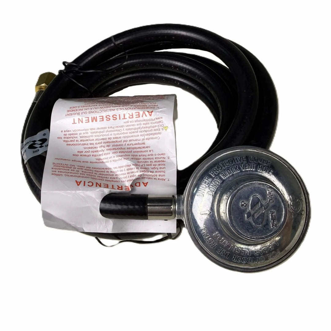 Top view of the Starfire Designs Béton Fire Pit 120-inch Replacement Regulator Hose featuring a heavy-duty metal regulator and durable black propane hose.