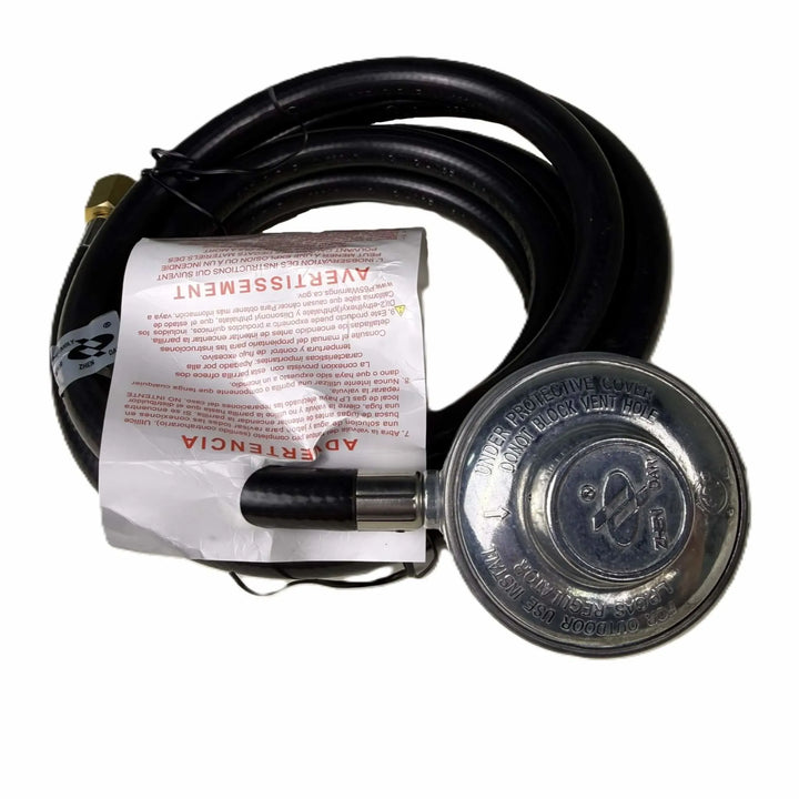 Top view of the Starfire Designs Béton Fire Pit 120-inch Replacement Regulator Hose featuring a heavy-duty metal regulator and durable black propane hose.