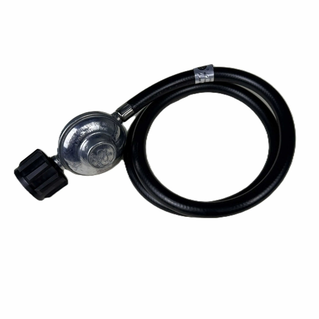 Top view of Starfire Designs Béton Fire Pit Replacement Regulator Hose highlighting the durable black hose, metal regulator, and propane tank adapter for secure outdoor gas connections.