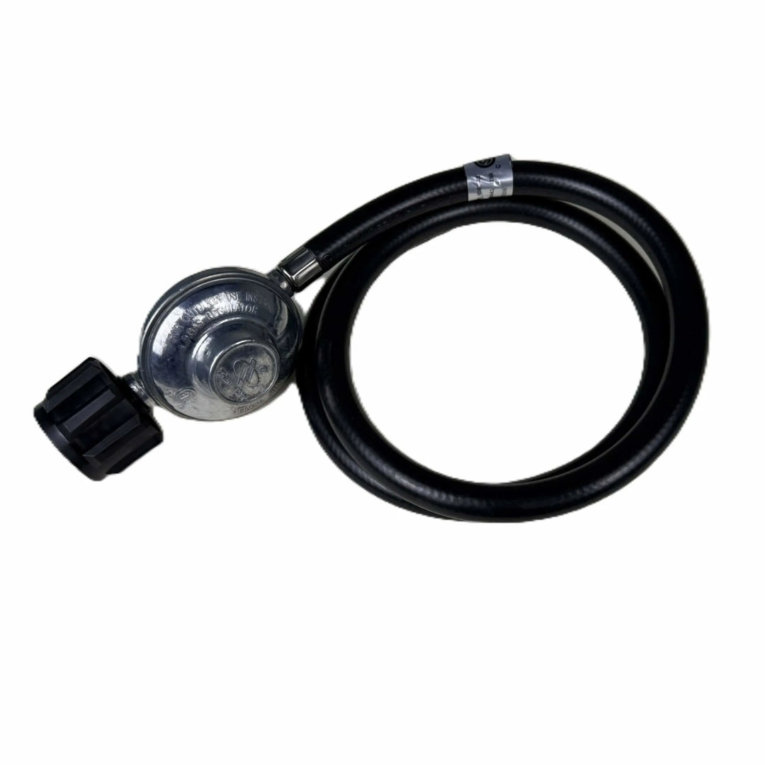 Top view of Starfire Designs Béton Fire Pit Replacement Regulator Hose highlighting the durable black hose, metal regulator, and propane tank adapter for secure outdoor gas connections.