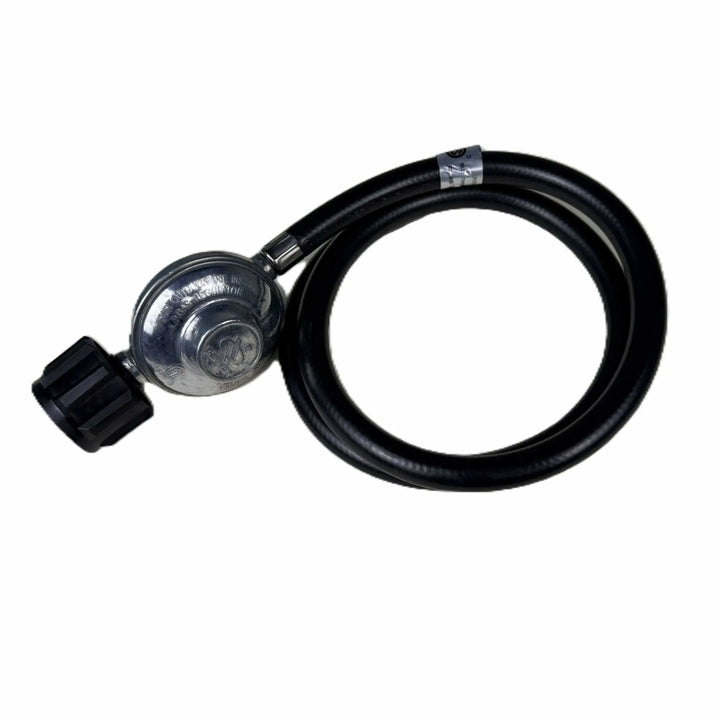 Top view of Starfire Designs Béton Fire Pit Replacement Regulator Hose highlighting the durable black hose, metal regulator, and propane tank adapter for secure outdoor gas connections.