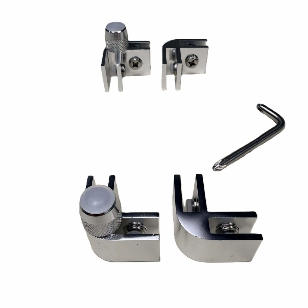 Close-up of Starfire Designs Béton Fire Pit Replacement Glass Wind Guard Clips Kit showing premium stainless steel brackets, tightening knobs, and included hex wrench for easy installation.