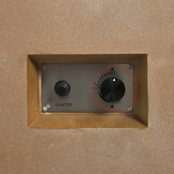 Installed Starfire Designs Béton Fire Pit Replacement Valve Knob displayed on a stainless steel control panel with ignition switch, highlighted to show the knob’s “Off,” “Low,” and “High” flame settings.