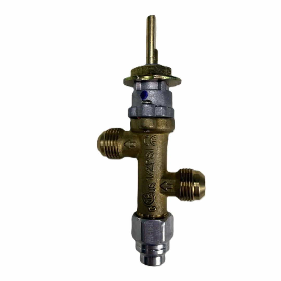 Front view of the Starfire Designs Béton Fire Pit Replacement Valve highlighting the gas inlet and outlet ports with detailed markings for natural gas or propane applications.