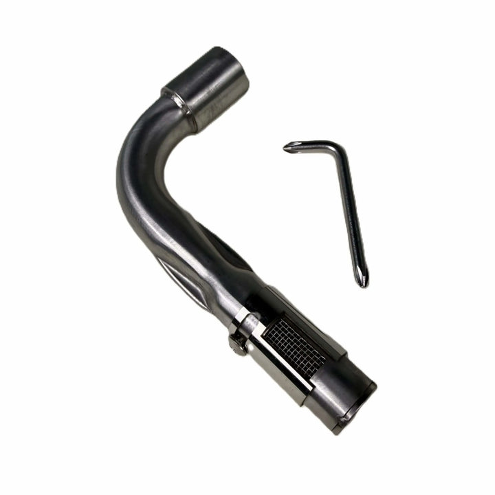 Close-up of Starfire Designs Béton Fire Pit Venturi Pipe for propane gas, showing precision stainless steel design and adjustment key for setup.