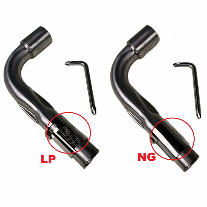 Comparison of Starfire Designs Béton Fire Pit Venturi Pipe configured for propane (LP) and natural gas (NG), with red circle highlights for clear distinction.