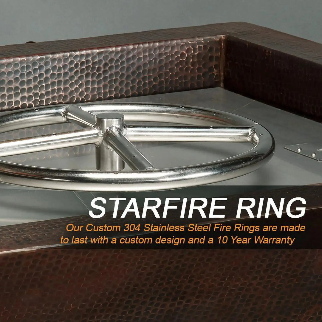 Close-up of Starfire 304 stainless steel fire ring installed in a hand-hammered copper fire pit, offering a custom design and durability with a 10-year warranty, perfect for enhancing outdoor natural gas fire pits