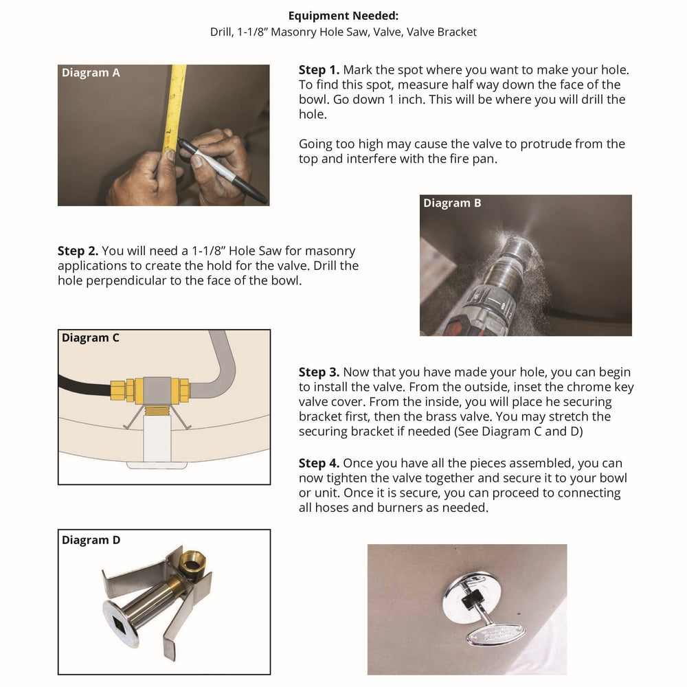 Step-by-step key valve installation instructions for The Outdoor Plus fire or water bowls, showing detailed diagrams for measuring, drilling, and mounting the chrome key valve using a 1-1/8” masonry hole saw and internal securing bracket / designed for secure and professional gas valve placement on GFRC fire bowls.