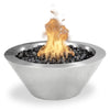 Cazo fire bowl handcrafted from sleek stainless steel, filled with black lava rock and glowing with bright flames for a modern outdoor fire feature.
