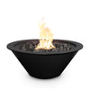 Bold and sophisticated, this black powder-coated Cazo fire bowl creates a dramatic centerpiece with its deep matte finish and vibrant flames rising above lava rocks / ideal for luxe modern backyards.