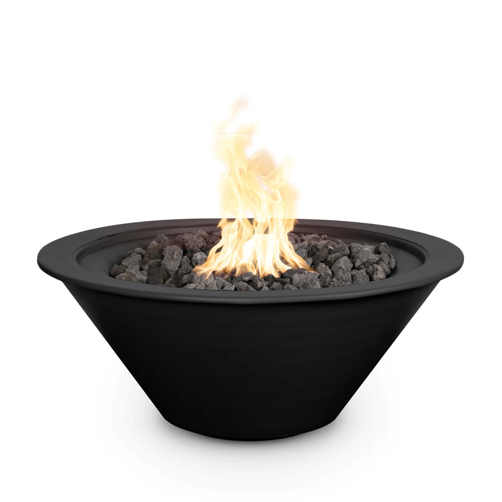 Bold and sophisticated, this black powder-coated Cazo fire bowl creates a dramatic centerpiece with its deep matte finish and vibrant flames rising above lava rocks / ideal for luxe modern backyards.