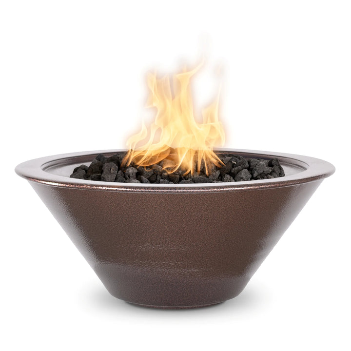 Elegant and warm, this copper vein aluminum Cazo fire bowl boasts a rich metallic texture with a weather-resistant powder-coated finish. Dancing flames and dark lava rocks bring cozy ambiance to contemporary outdoor spaces.