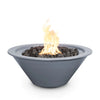 Modern and minimalist, this gray powder-coated Cazo fire bowl combines a soft matte finish with a sleek tapered profile, delivering a striking contrast to the fiery glow above natural black lava rocks.