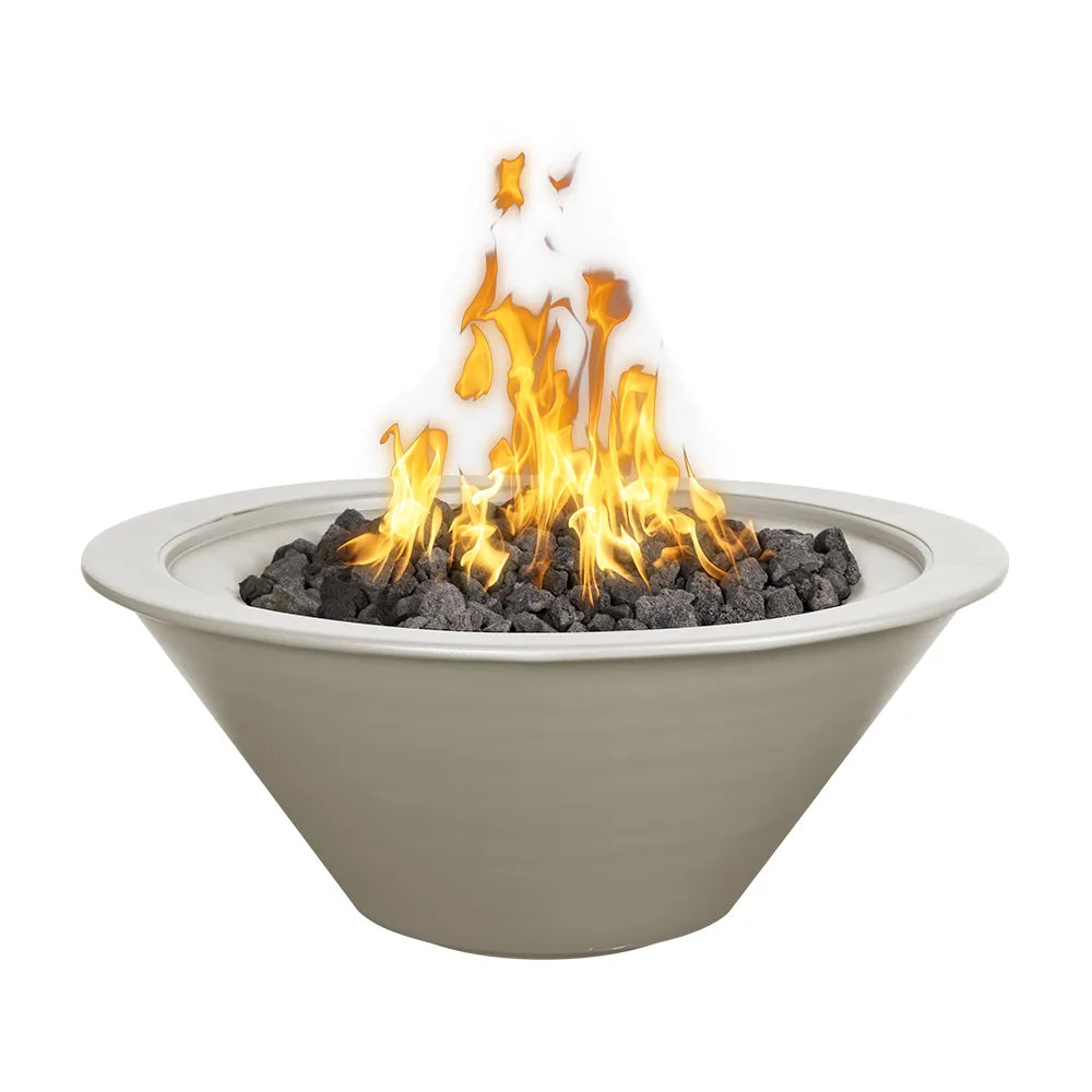 The pewter Cazo fire bowl showcases a timeless brushed-metal look with a cool, smoky finish. This tapered bowl design pairs effortlessly with the dynamic flames for a refined outdoor fire feature.