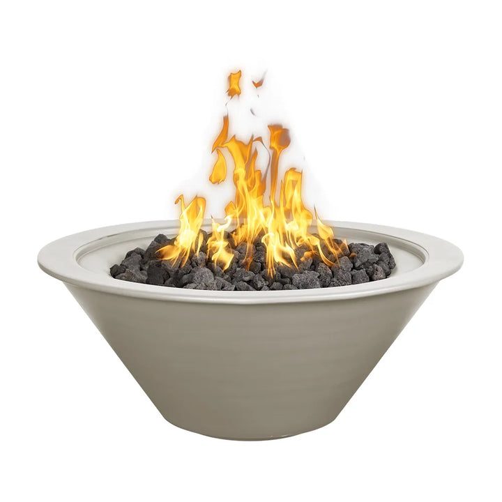 The pewter Cazo fire bowl showcases a timeless brushed-metal look with a cool, smoky finish. This tapered bowl design pairs effortlessly with the dynamic flames for a refined outdoor fire feature.