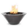 Sleek and industrial, this silver vein powder-coated aluminum Cazo fire bowl features a durable conical shape with a textured metallic finish, radiating warmth with vibrant flames over black lava rocks / perfect for modern outdoor patios.