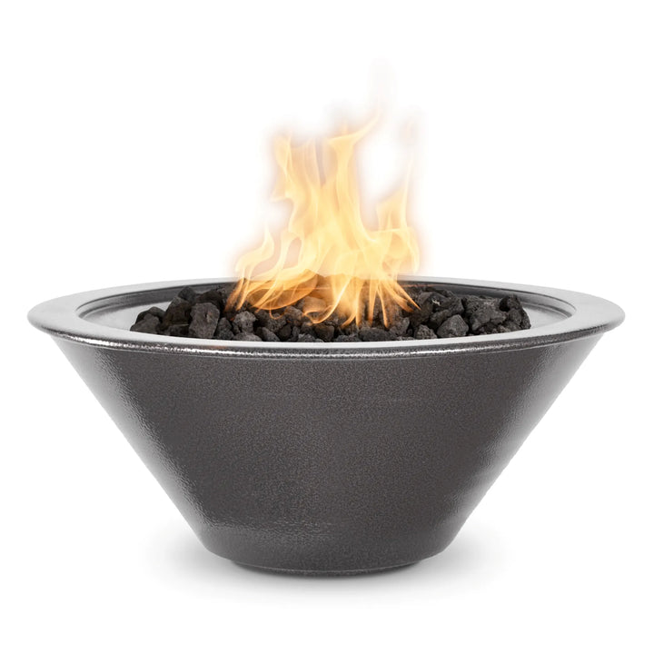 Sleek and industrial, this silver vein powder-coated aluminum Cazo fire bowl features a durable conical shape with a textured metallic finish, radiating warmth with vibrant flames over black lava rocks / perfect for modern outdoor patios.