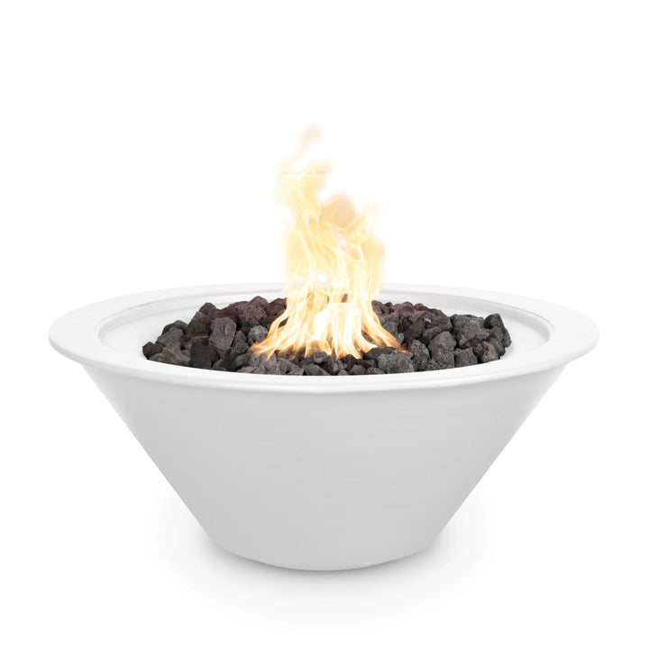 Clean and contemporary, this white Cazo fire bowl brings elegance to outdoor lounging. Its smooth powder-coated surface and vivid flame offer a perfect balance of warmth and modern design.